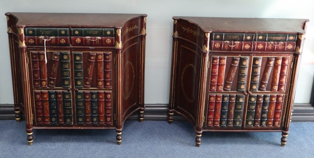 A pair of 19th century style painted side cabinets, with faux leather binding fronts, W.92cm, D.30cm, H.80cm